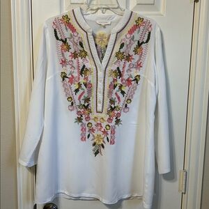 Solitaire White Tunic with Pink, Yellow and Green Embroidery